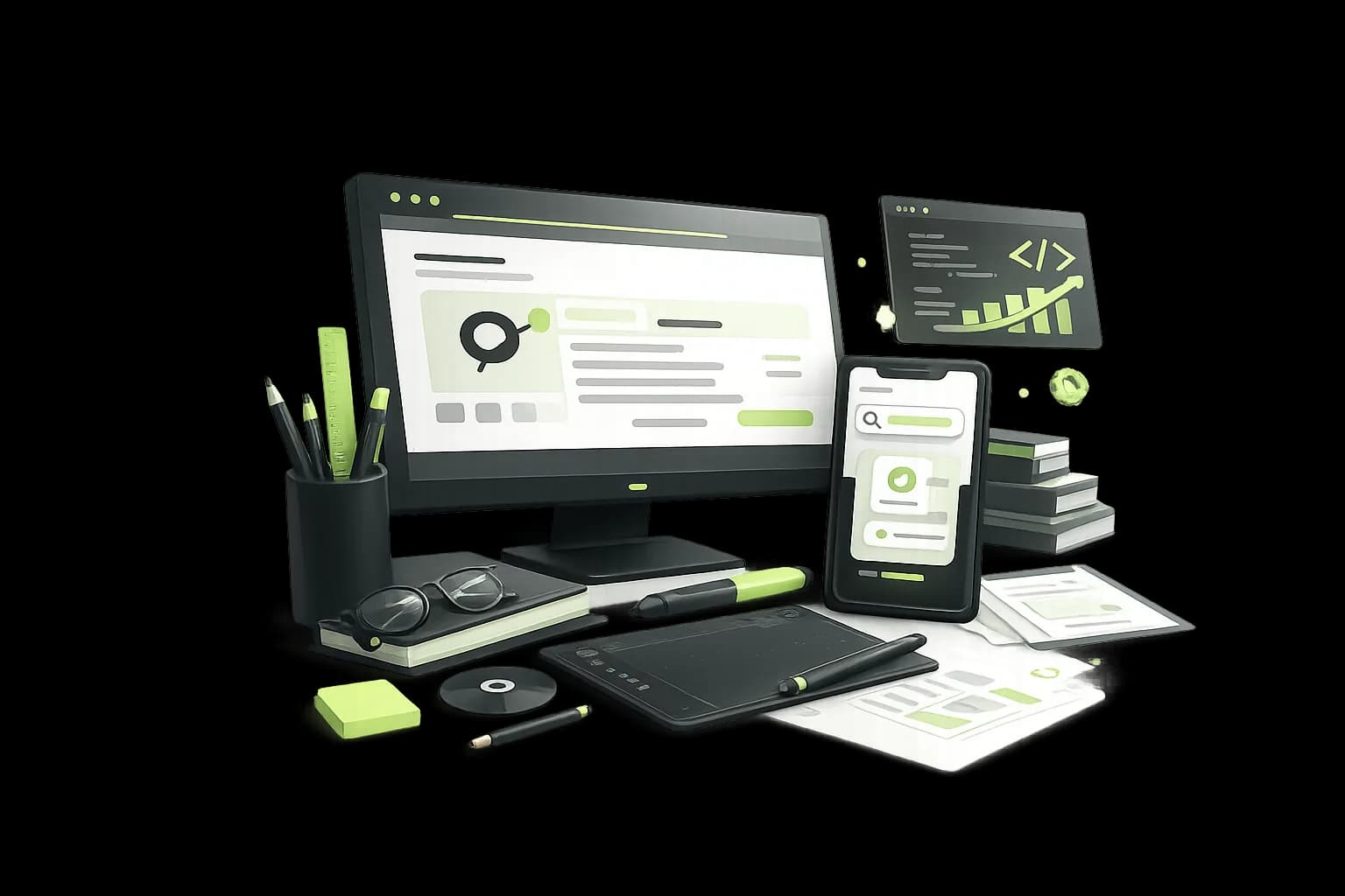 Illustration of a website design workspace with desktop and mobile previews.