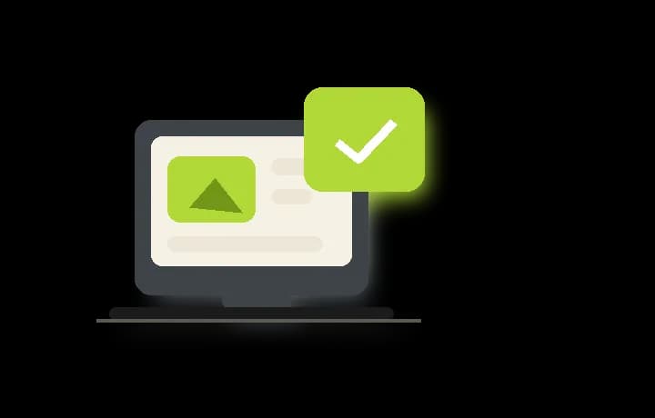 Illustration of a laptop preview with a large approval check mark.