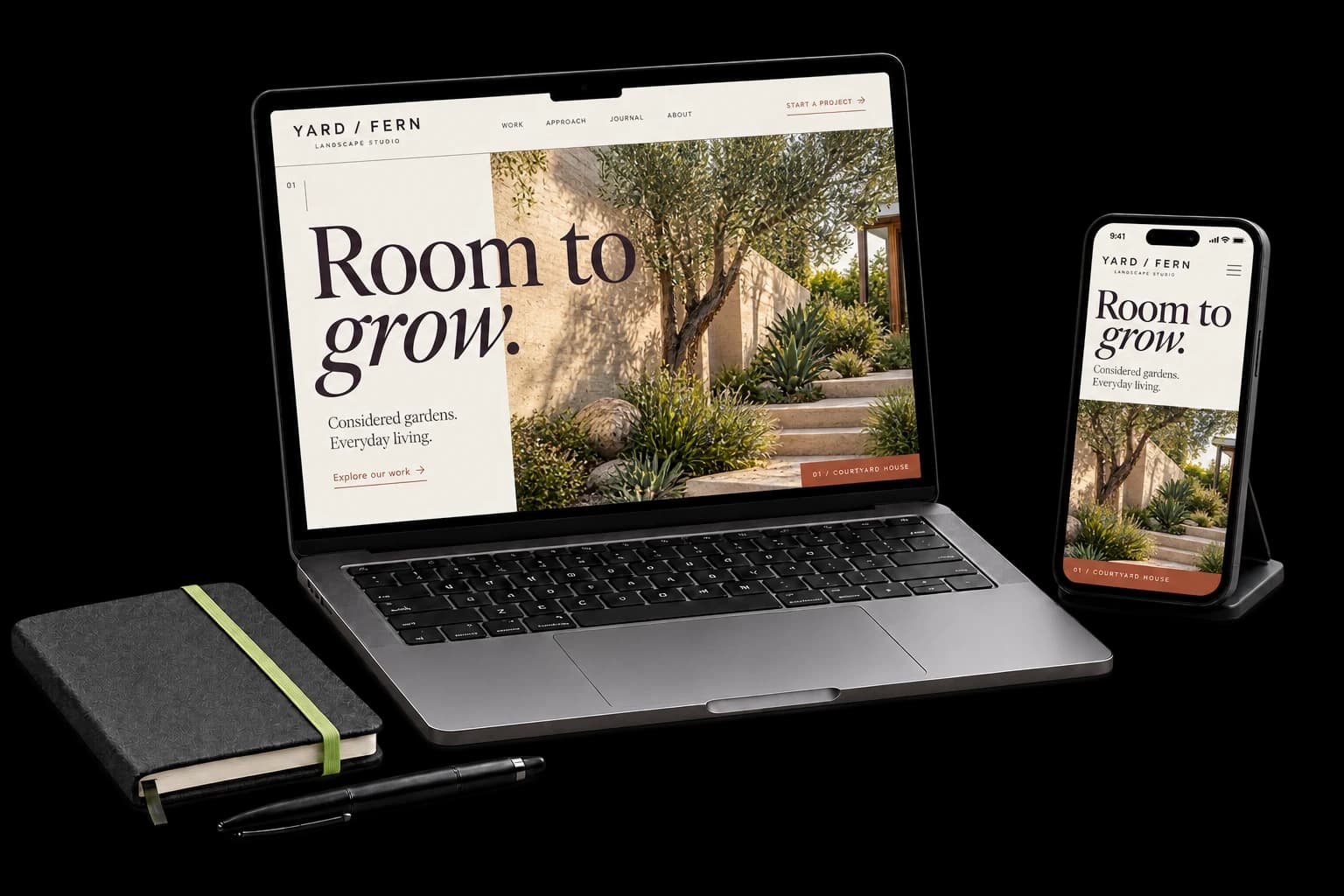 Landscape studio website concept on a laptop and phone, with editorial typography and courtyard photography.